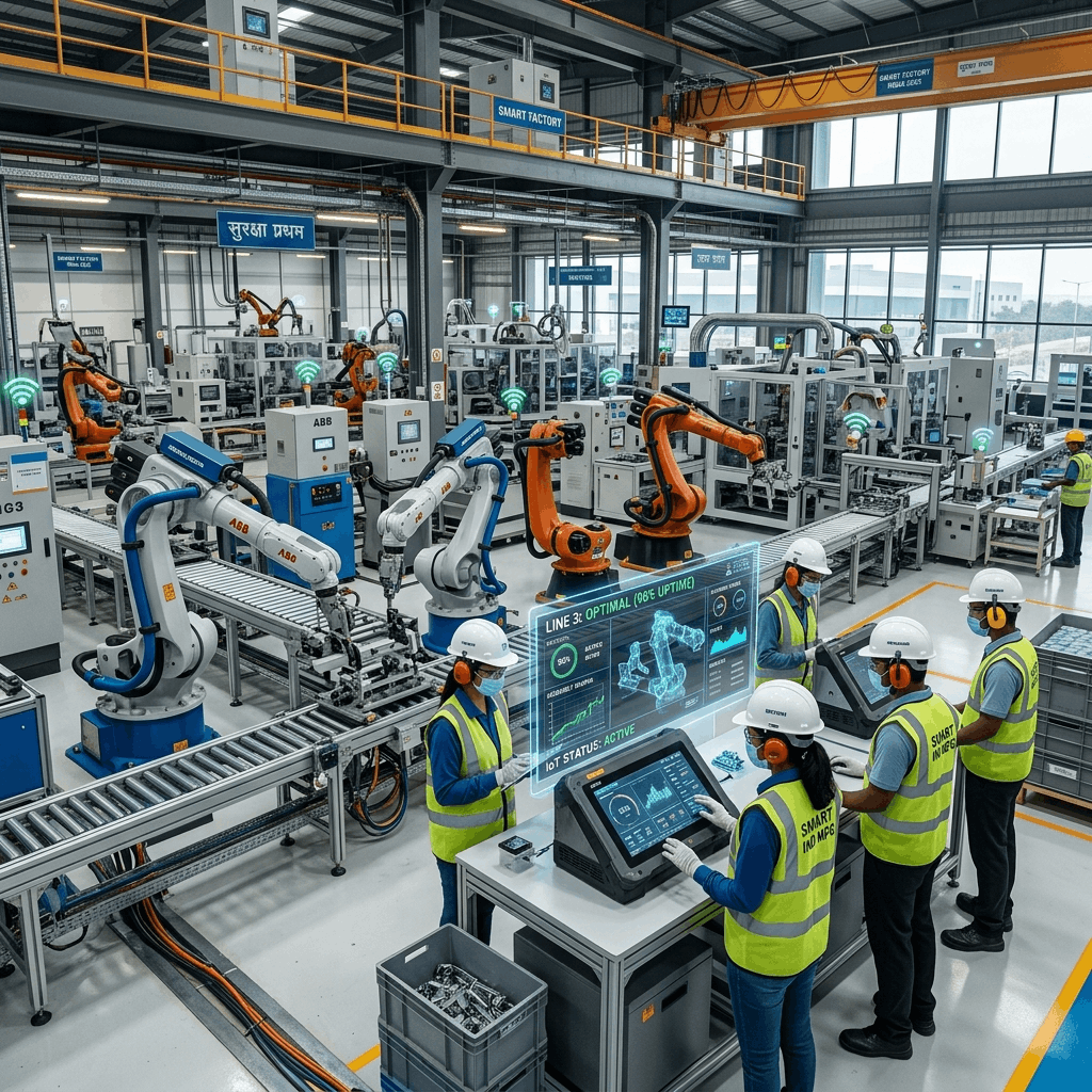 Modern smart manufacturing factory floor in India 2025 with robotic arms, IoT sensors, and digital dashboards