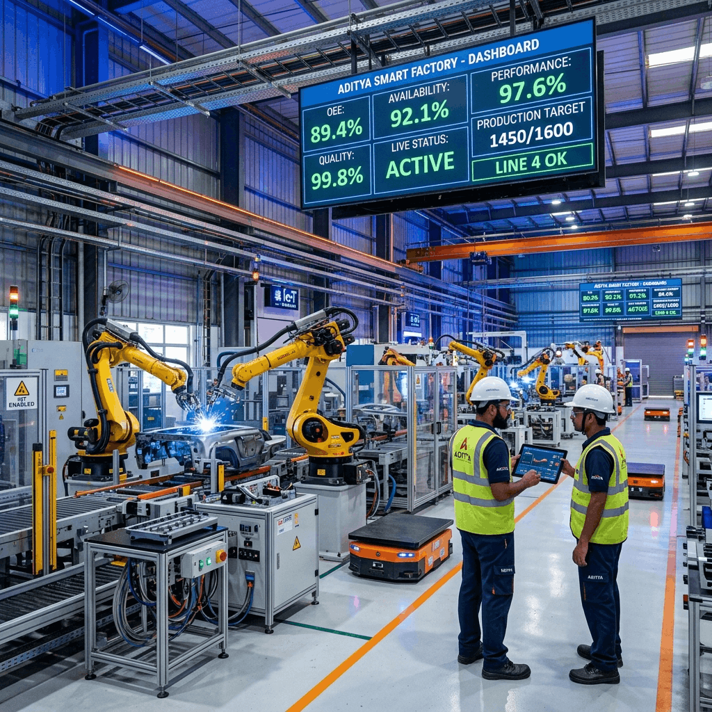 Digital overlay showing optimization metrics across a highly automated product manufacturing line