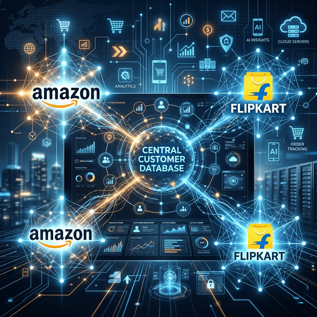 A glowing digital network connecting the Amazon and Flipkart logos to a central customer database in a sleek dashboard