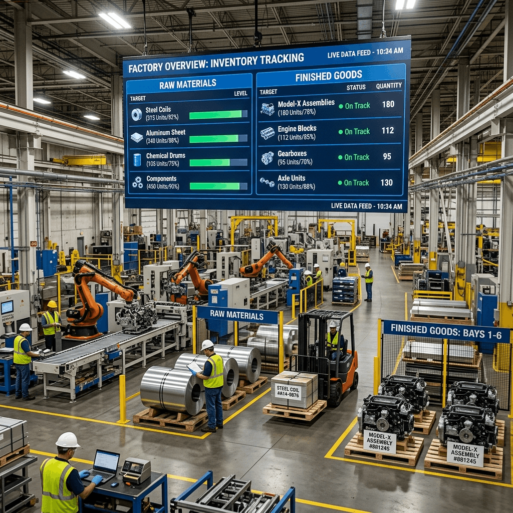 Indian manufacturing facility showing a digital inventory dashboard on a massive screen
