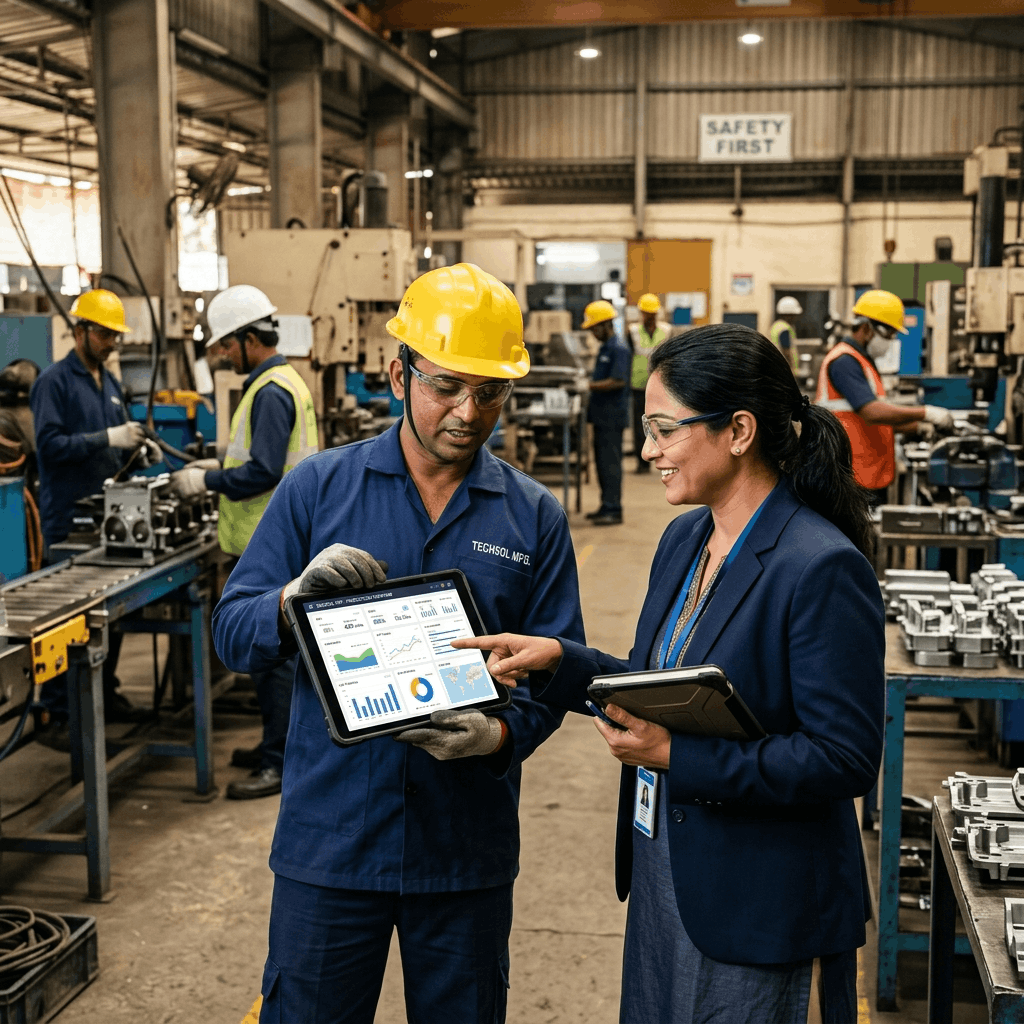 Indian manufacturing supervisor using a tablet to access Mobile ERP dashboard on a busy factory floor