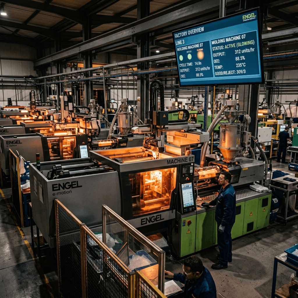 Industrial plastic injection molding machine connected to a digital data dashboard