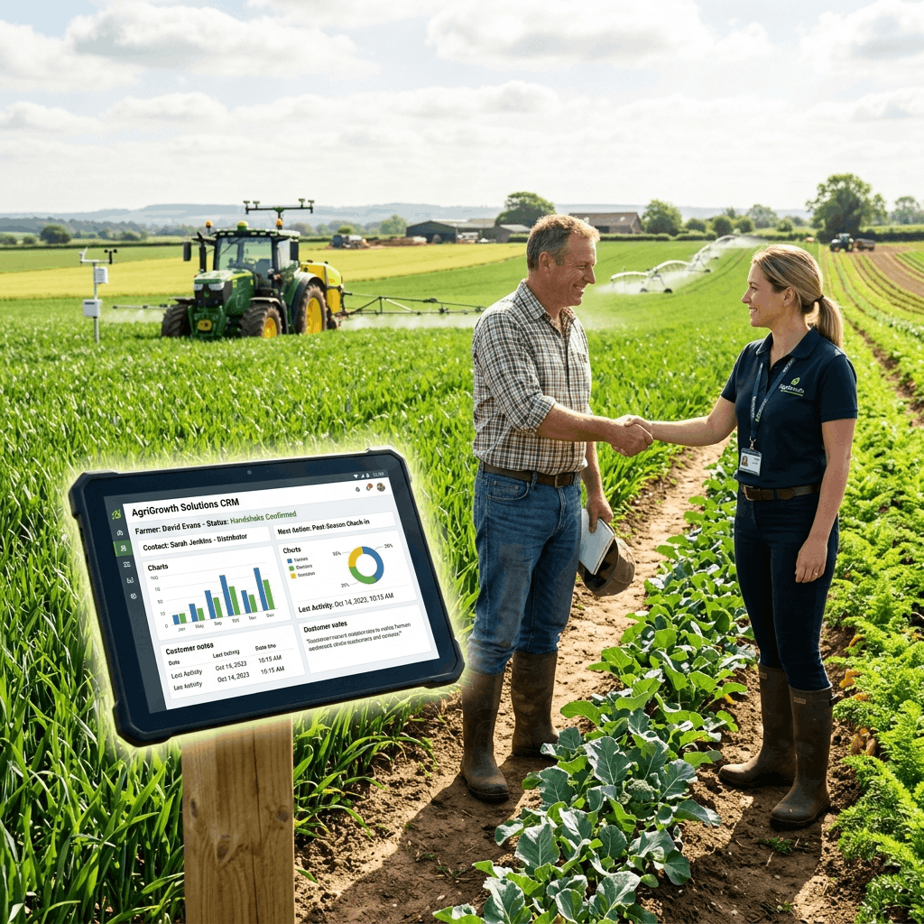 A farmer shaking hands with an agrochemical distributor in a lush green field, with a digital CRM dashboard glowing in the foreground