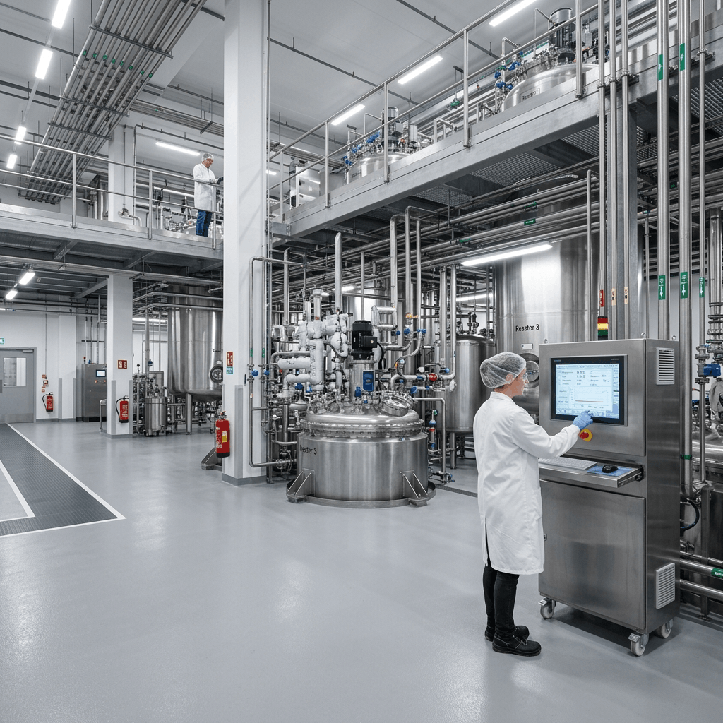 Modern process manufacturing facility with stainless steel mixing tanks and digital ERP control panel