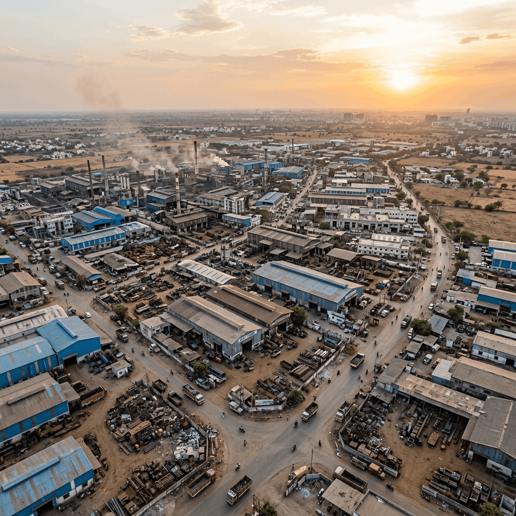Aerial view of the Rajkot industrial zone showing metalworking factories and engineering workshops
