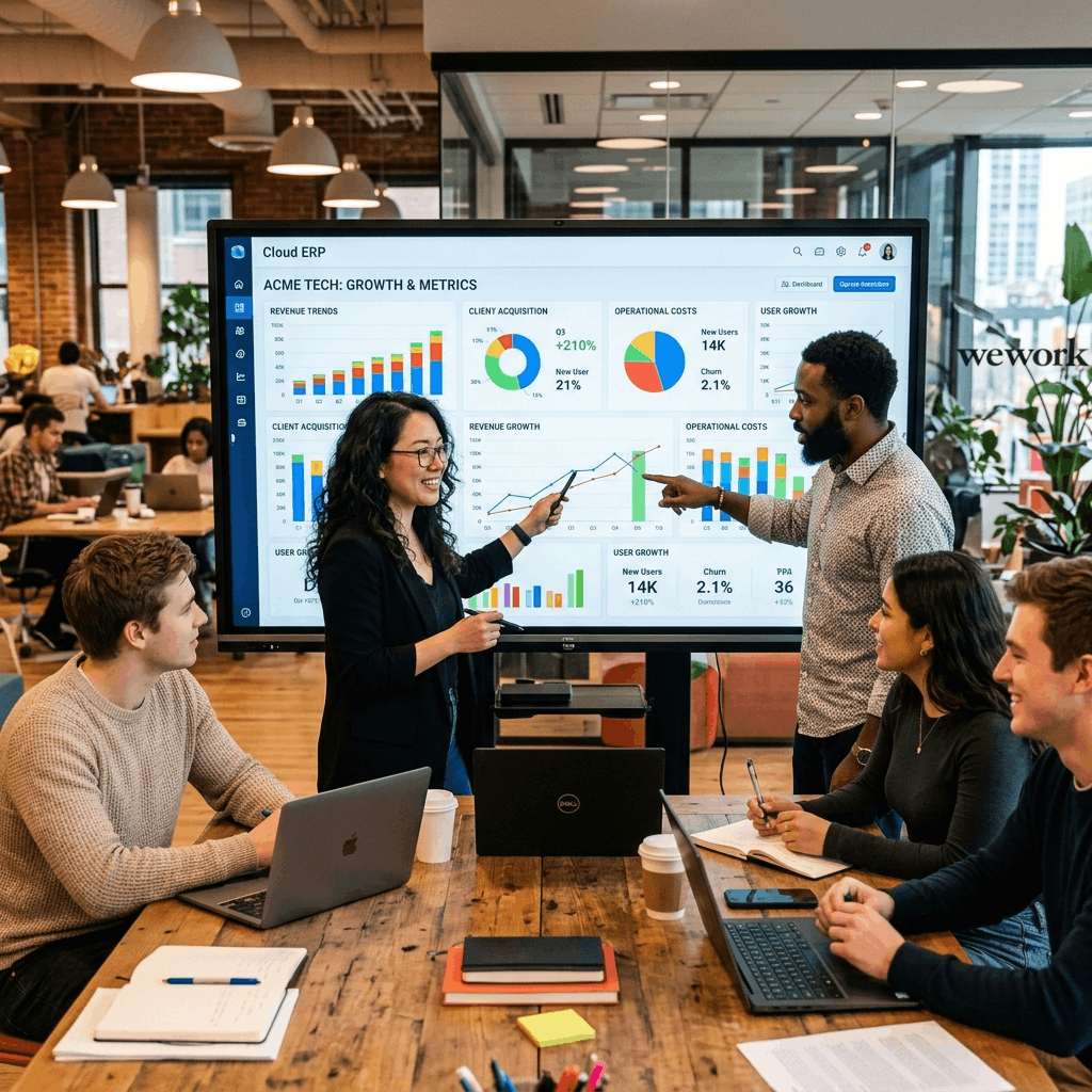 Team of executives reviewing business growth metrics on a digital Cloud ERP dashboard