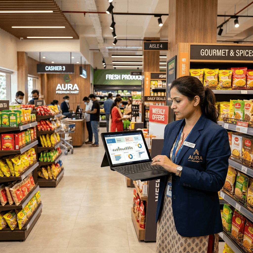 Retail store manager using a tablet to access cloud ERP inventory data while standing in a modern retail aisle