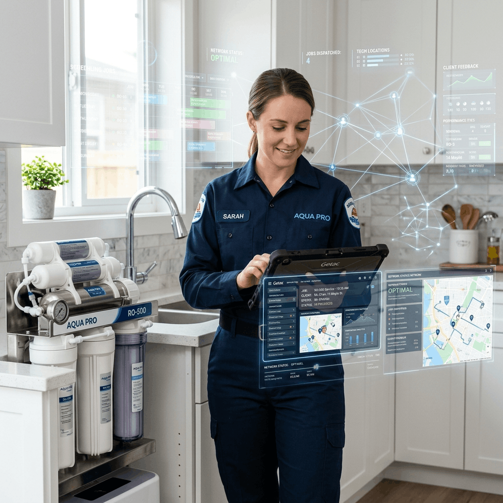 A highly skilled service technician using a tablet computer next to a modern RO water purifier with a digital scheduling network overlay