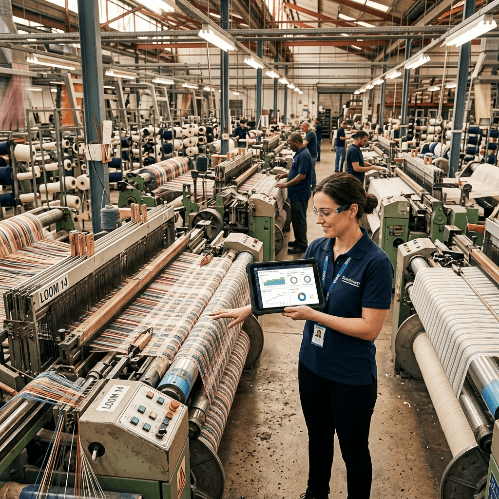 Modern textile manufacturing facility with digital data dashboards showing inventory and production metrics