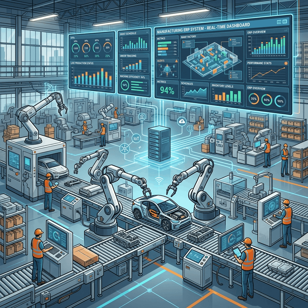 A modern manufacturing plant manager looking at an advanced digital ERP dashboard overlay