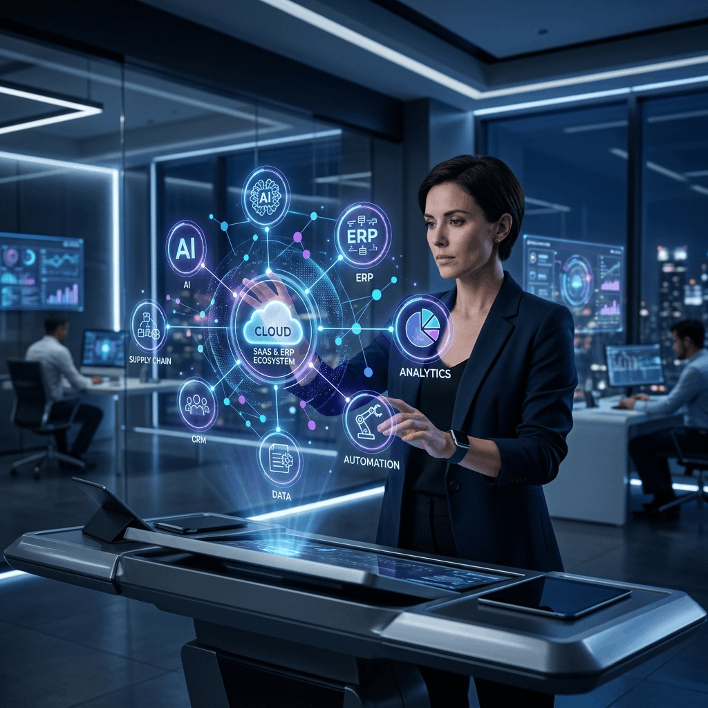 Futuristic holographic SaaS and AI technology display in modern Indian tech office