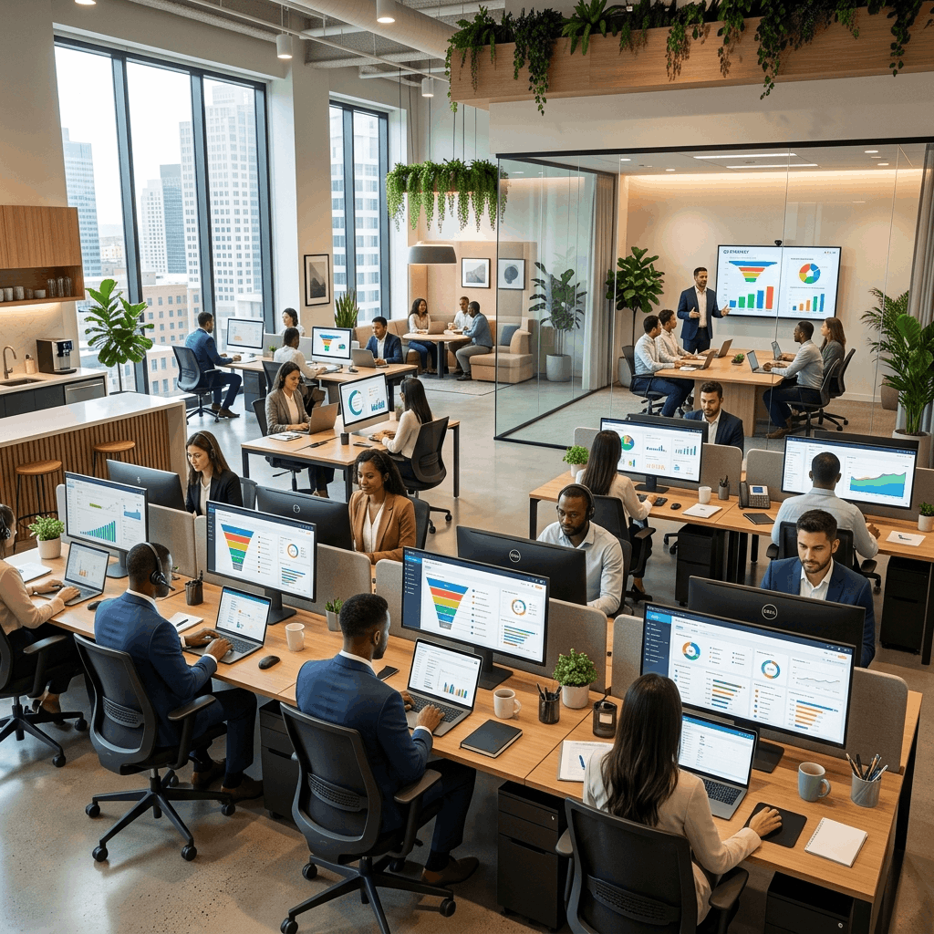 Modern sales team workspace with CRM dashboards showing sales pipelines and revenue graphs