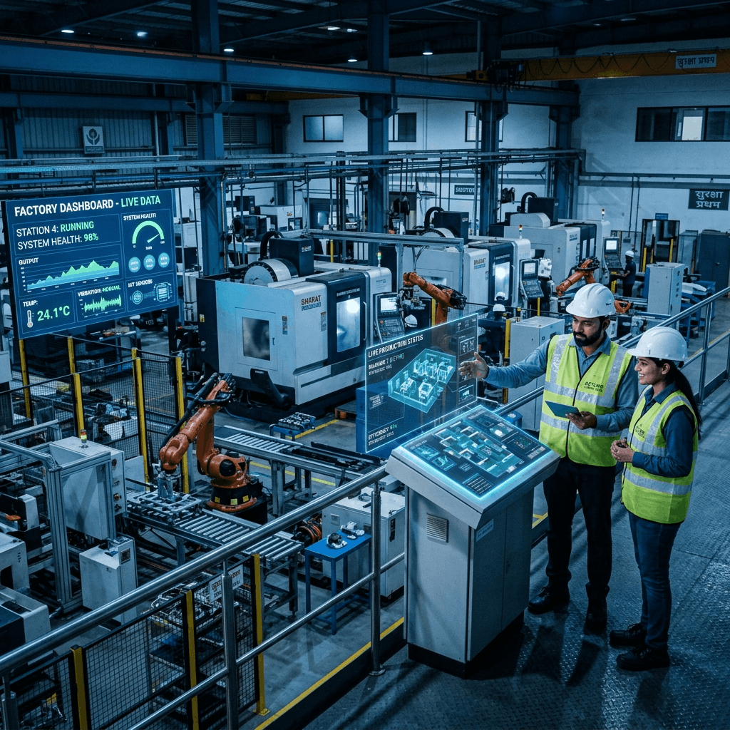 Smart manufacturing system with IoT sensors, robotic arms, and digital dashboards in a modern Indian factory