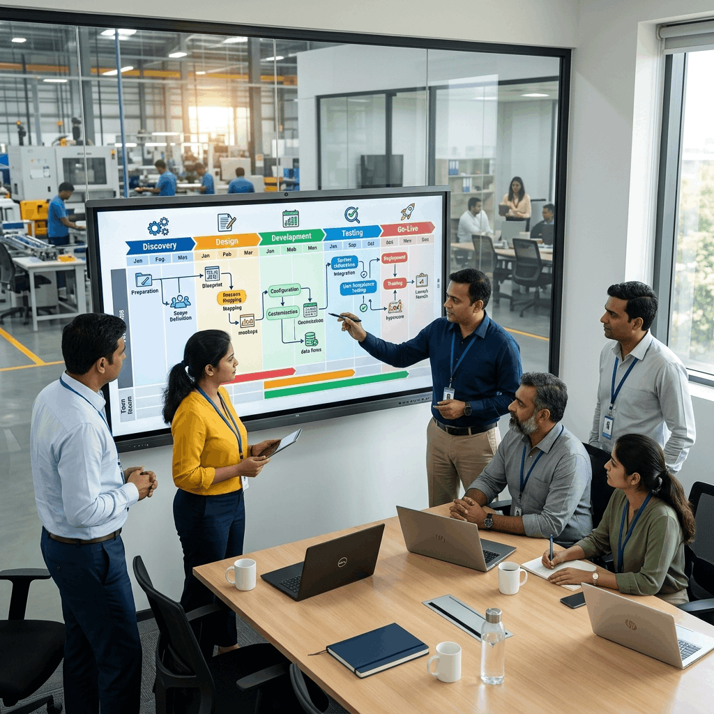Business team reviewing ERP implementation roadmap with Gantt chart
