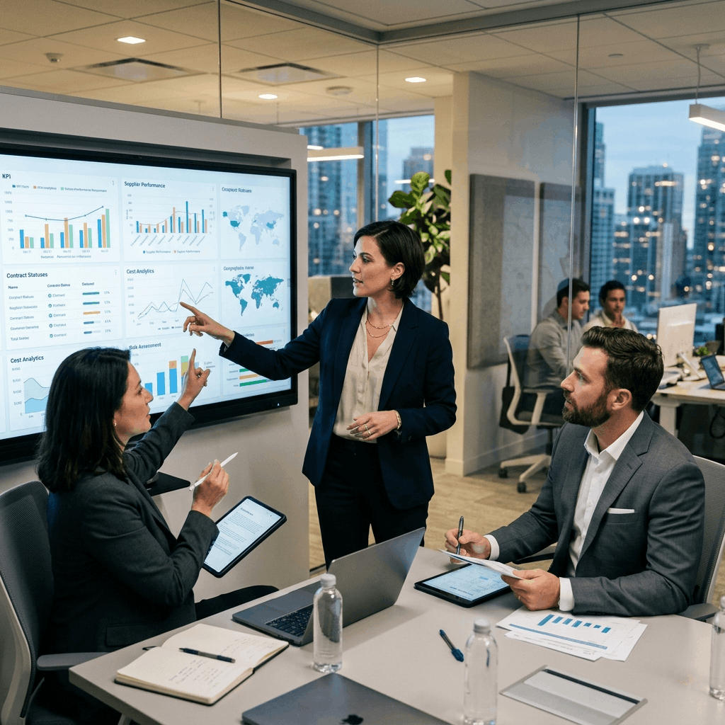 Managers looking at global supplier management routes on a digital ERP interface