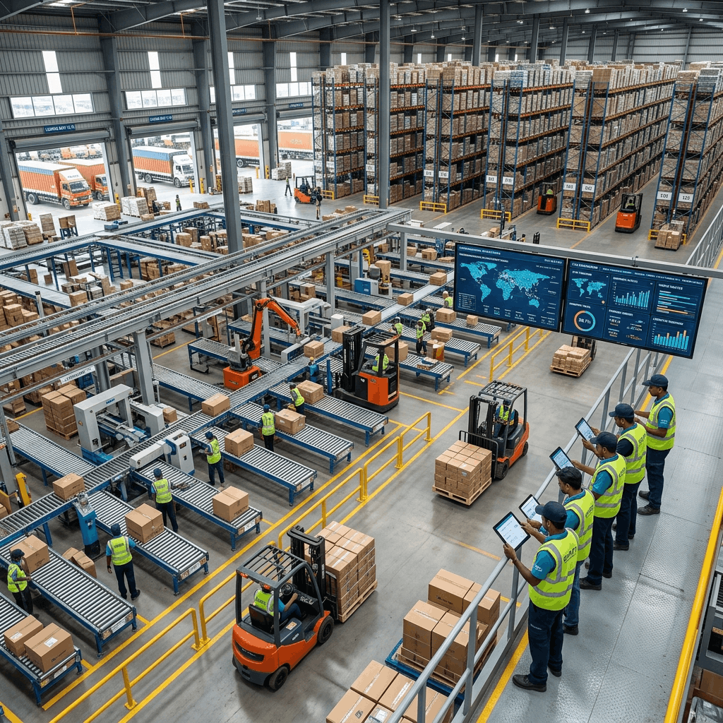 Modern automated supply chain warehouse in India with real-time ERP tracking on large digital screens