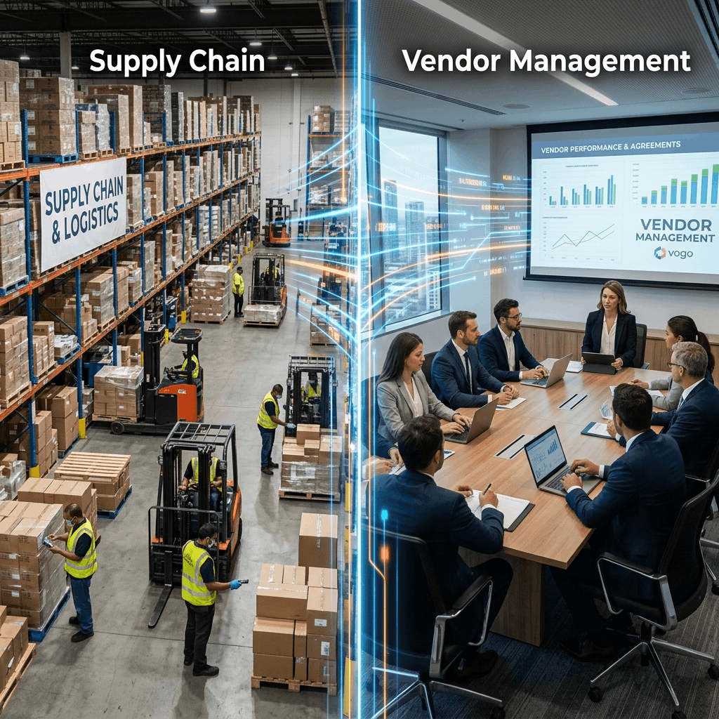 Split screen showing internal warehouse logistics vs external vendor procurement