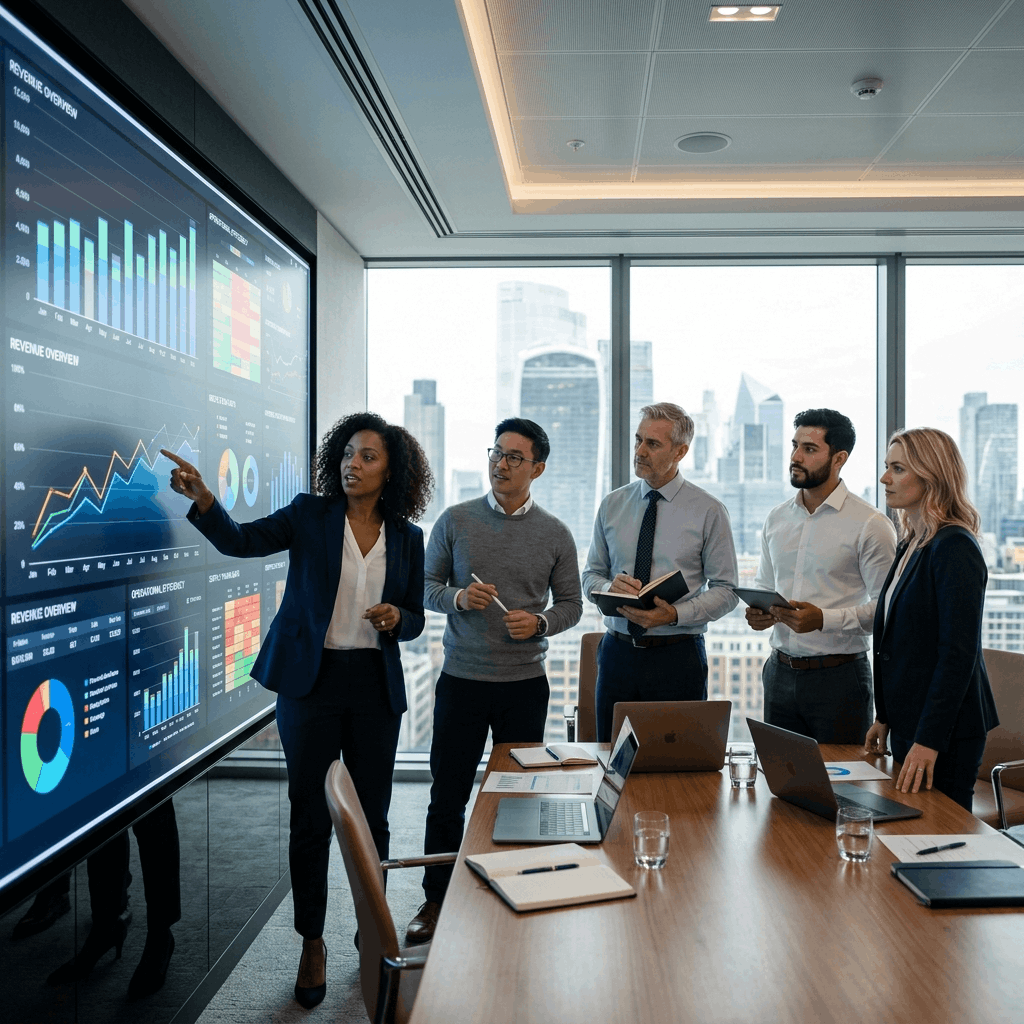 A highly productive team collaborating efficiently using a cloud-based ERP dashboard