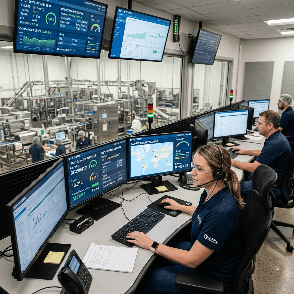 Advanced digital interface tracking complex food manufacturing metrics and traceability data