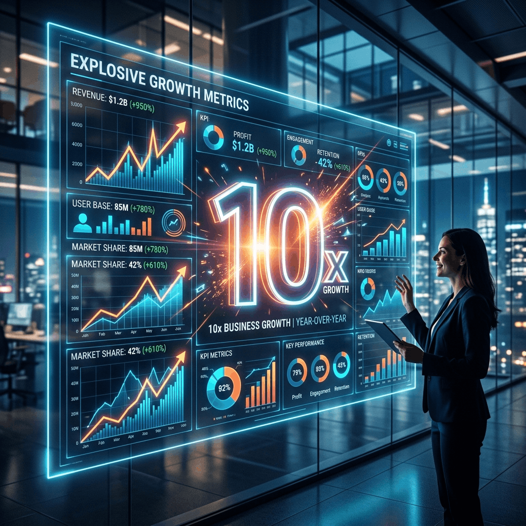Corporate boardroom setting with an executive team looking at a glowing presentation screen showing ERP business growth metrics