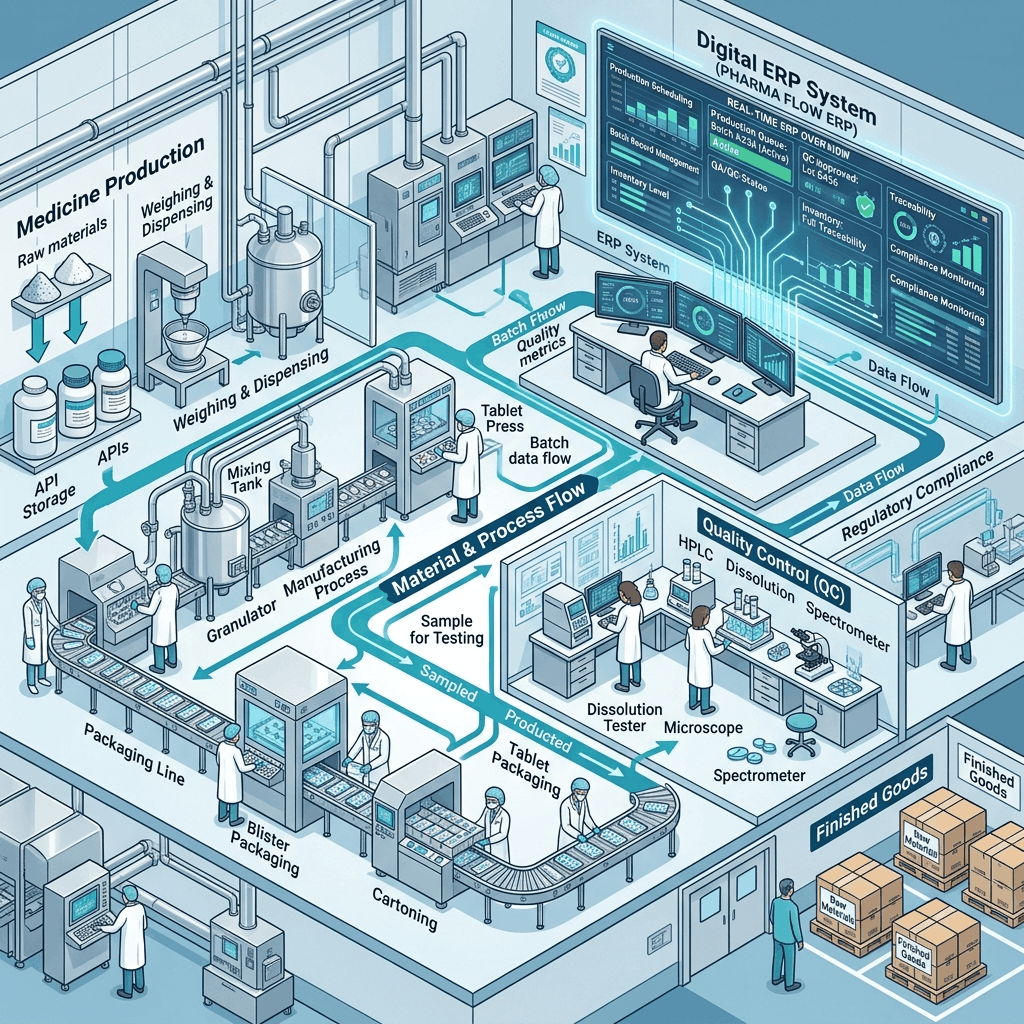 Modern pharmaceutical manufacturing facility with digital dashboards monitoring production metrics