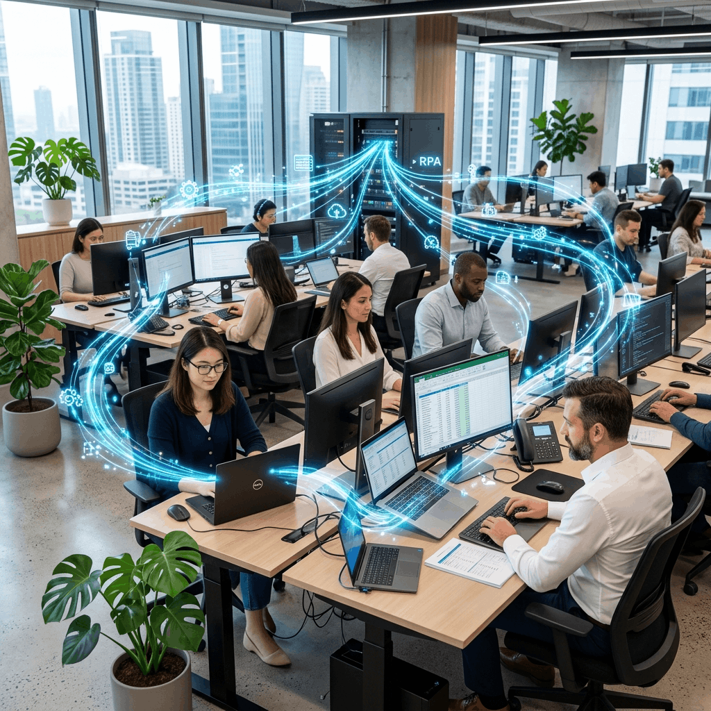 Futuristic digital workflow automation connecting various business processes
