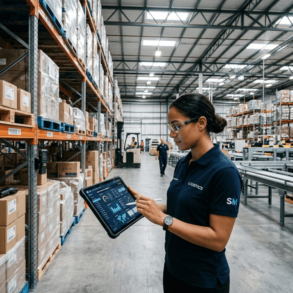 Modern warehouse manager using a digital ERP dashboard on a tablet to track inventory