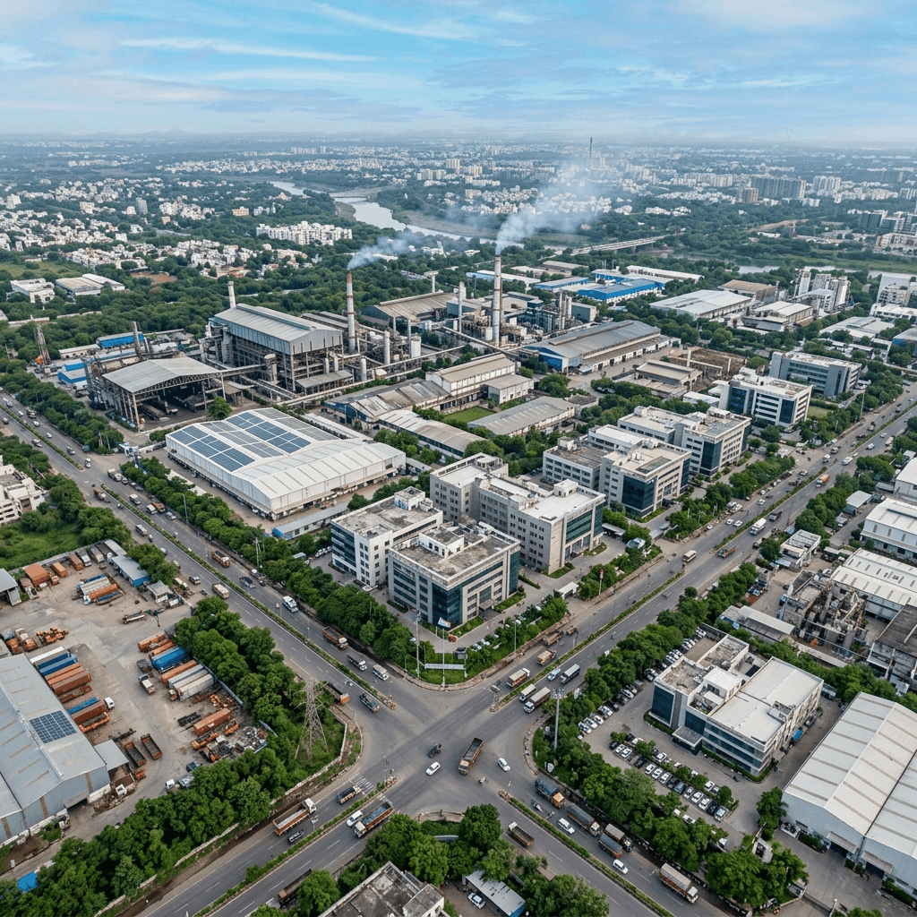 Realistic modern aerial panoramic view of an industrial estate in Vadodara Gujarat featuring manufacturing plants and corporate offices