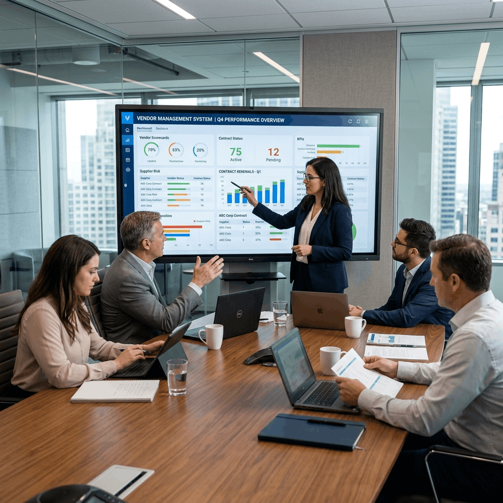 Digital dashboard showing supply chain nodes and vendor performance metrics