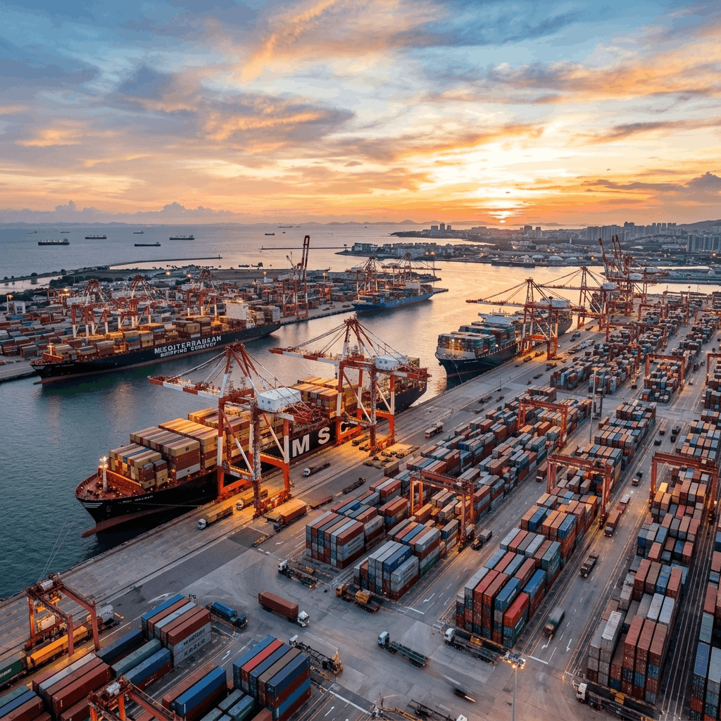 Modern global supply chain visualization showing shipping routes, warehouses, and logistics networks