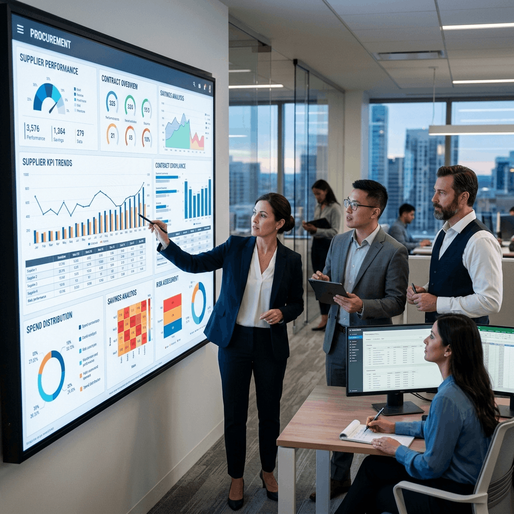 Realistic modern corporate setting showing procurement professionals reviewing supplier contracts and performance on a digital dashboard