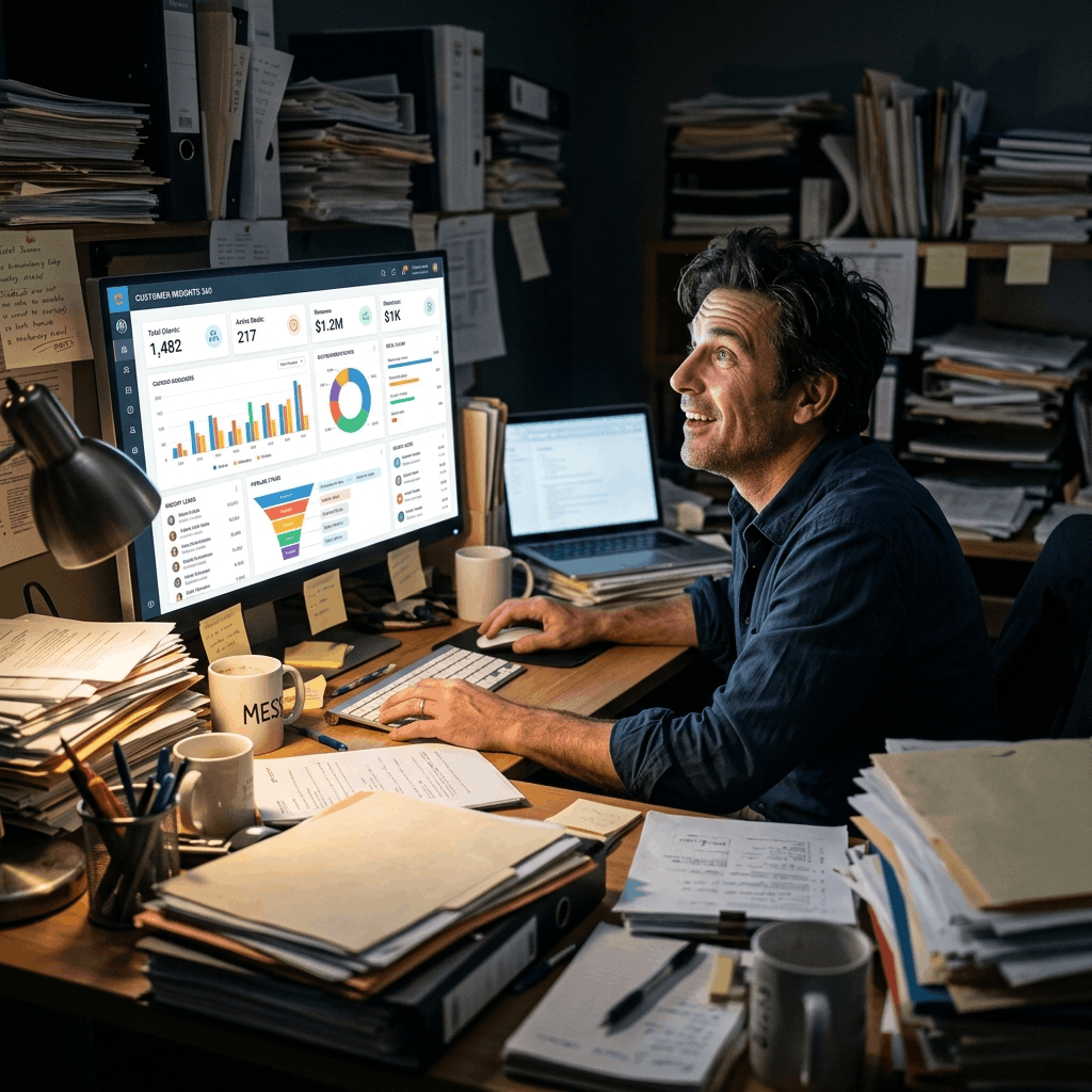 A stressed business owner surrounded by chaotic paper files, suddenly looking relieved at a glowing modern CRM dashboard displaying organized customer data