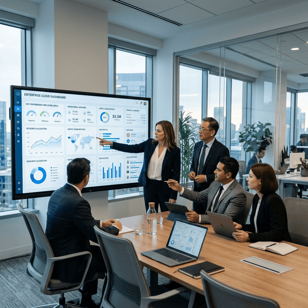 Modern corporate office setting with business executives reviewing an advanced cloud ERP software dashboard on a large screen