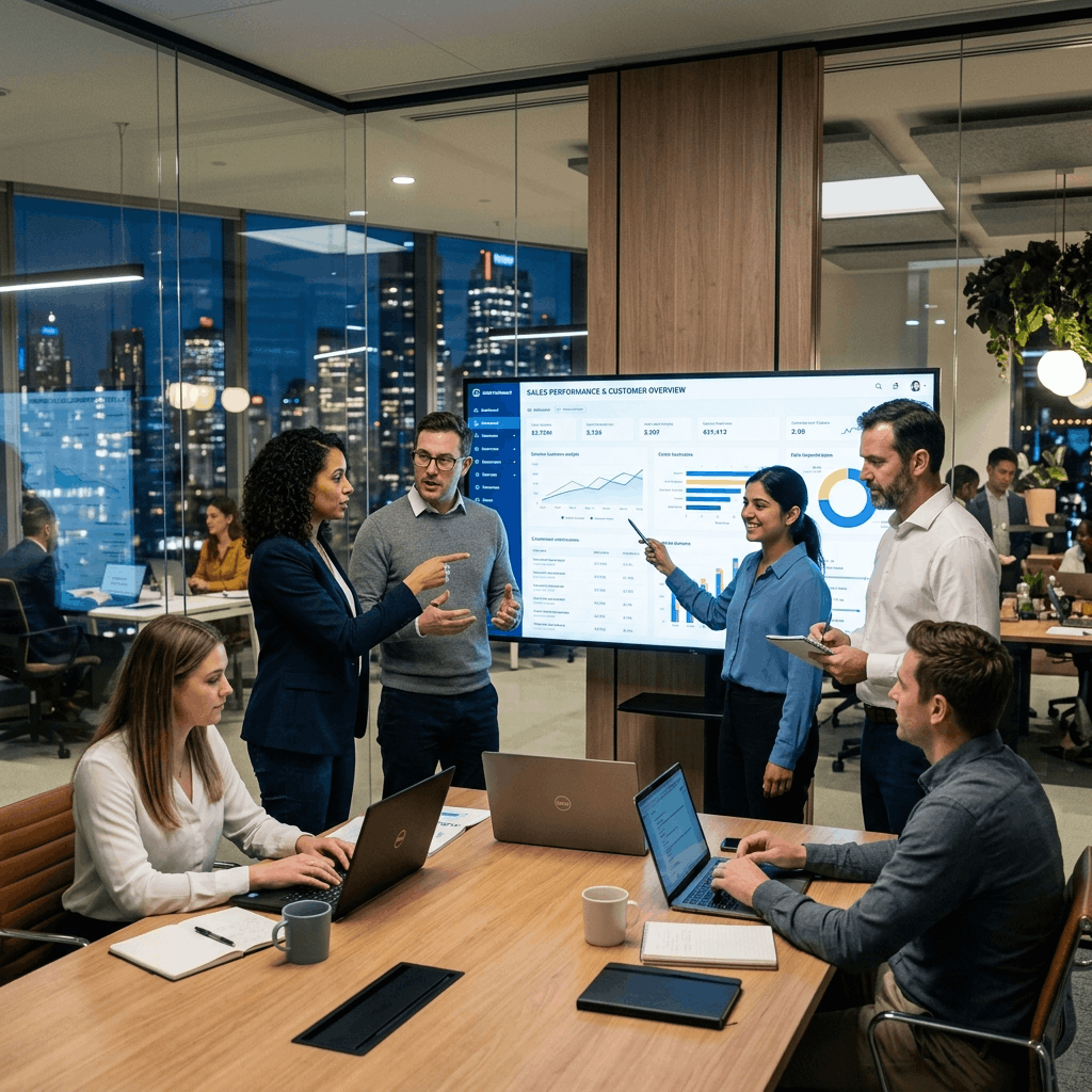 Modern digital CRM dashboard showing sales pipelines, lead conversions, and customer data analytics