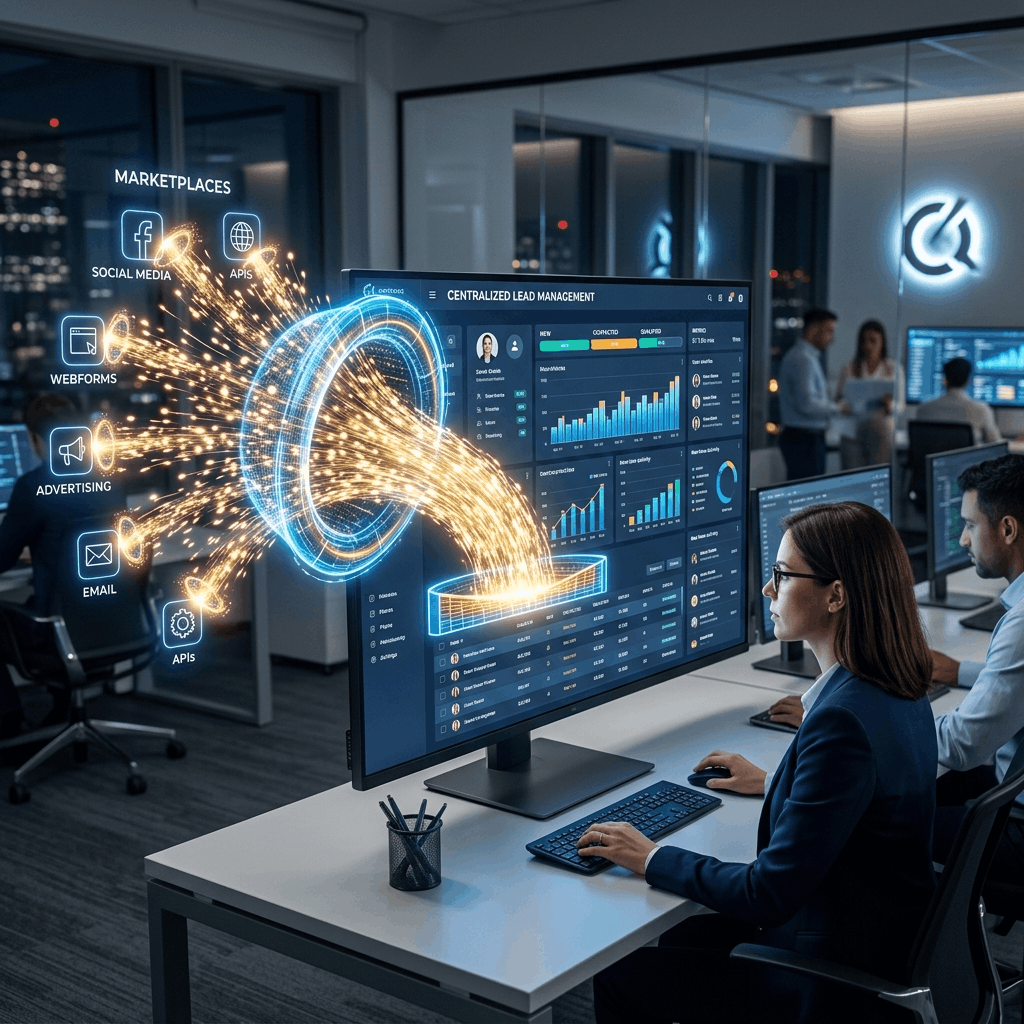 Digital funnel pulling thousands of leads from various marketplaces into a centralized CRM dashboard