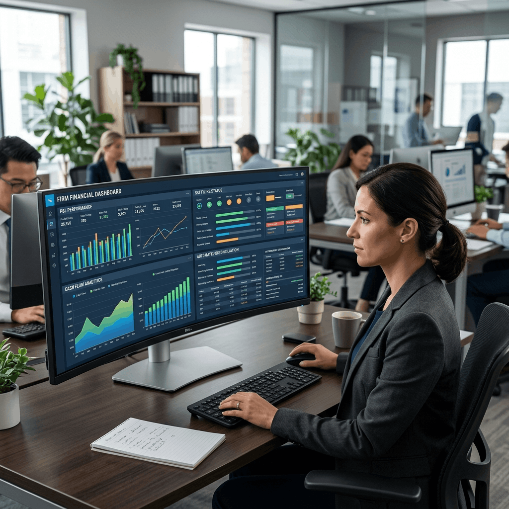 CFO reviewing automated financial dashboards with real-time P&L and balance sheet