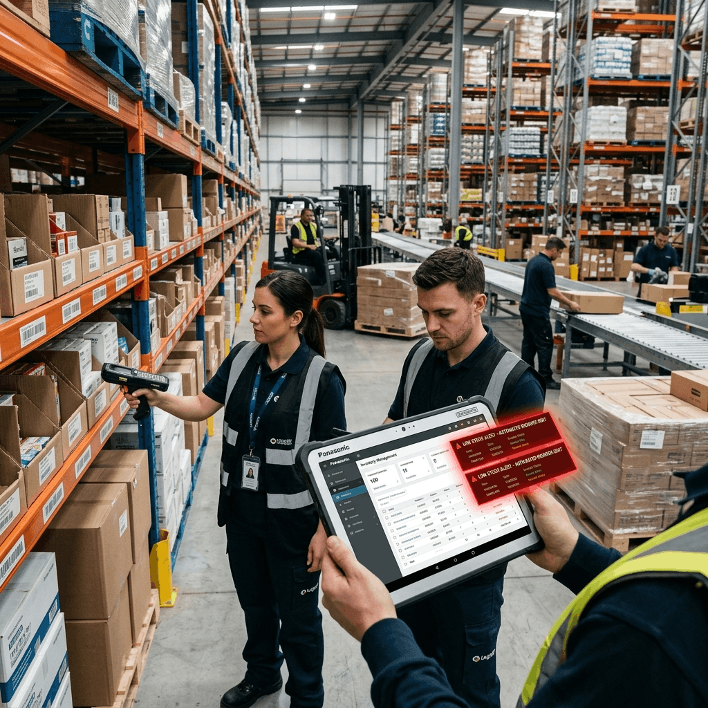 Warehouse manager using a digital dashboard to optimize inventory levels and track stock across multiple locations