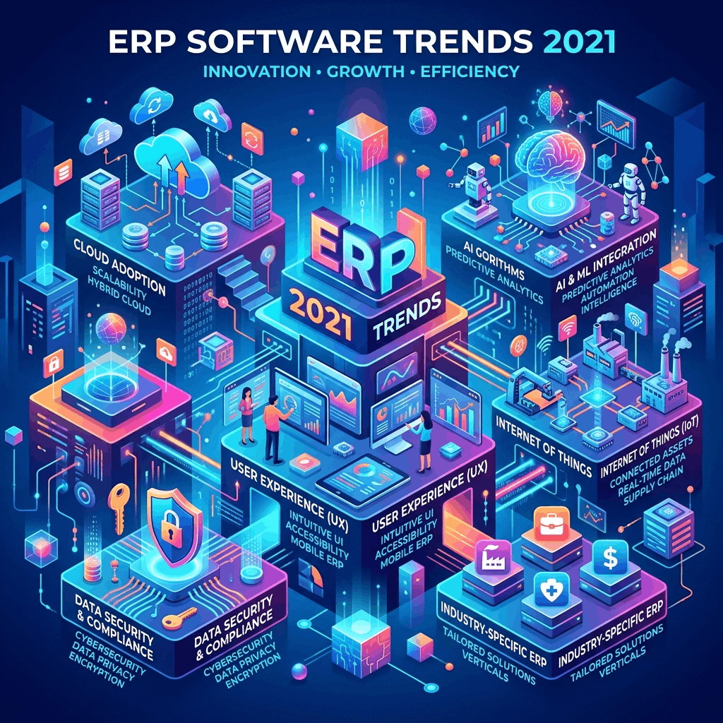 Futuristic digital overlay showing AI-driven predictive analytics and cloud computing integrating with modern ERP systems