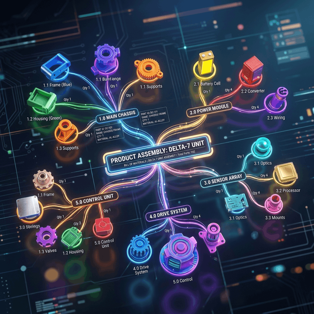 Digital dashboard showing a complex multi-level bill of materials structure