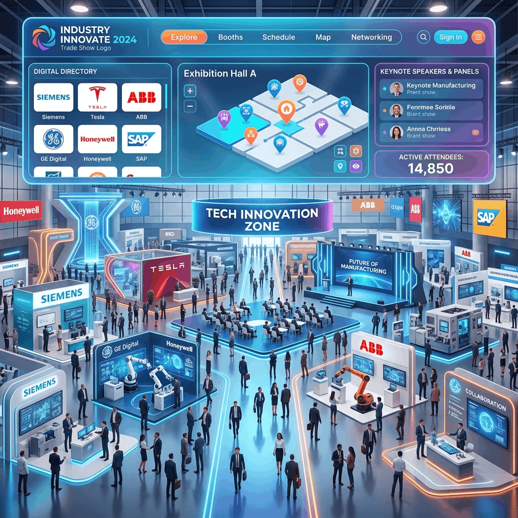 Business professionals networking and shaking hands at a bustling industrial exhibition booth