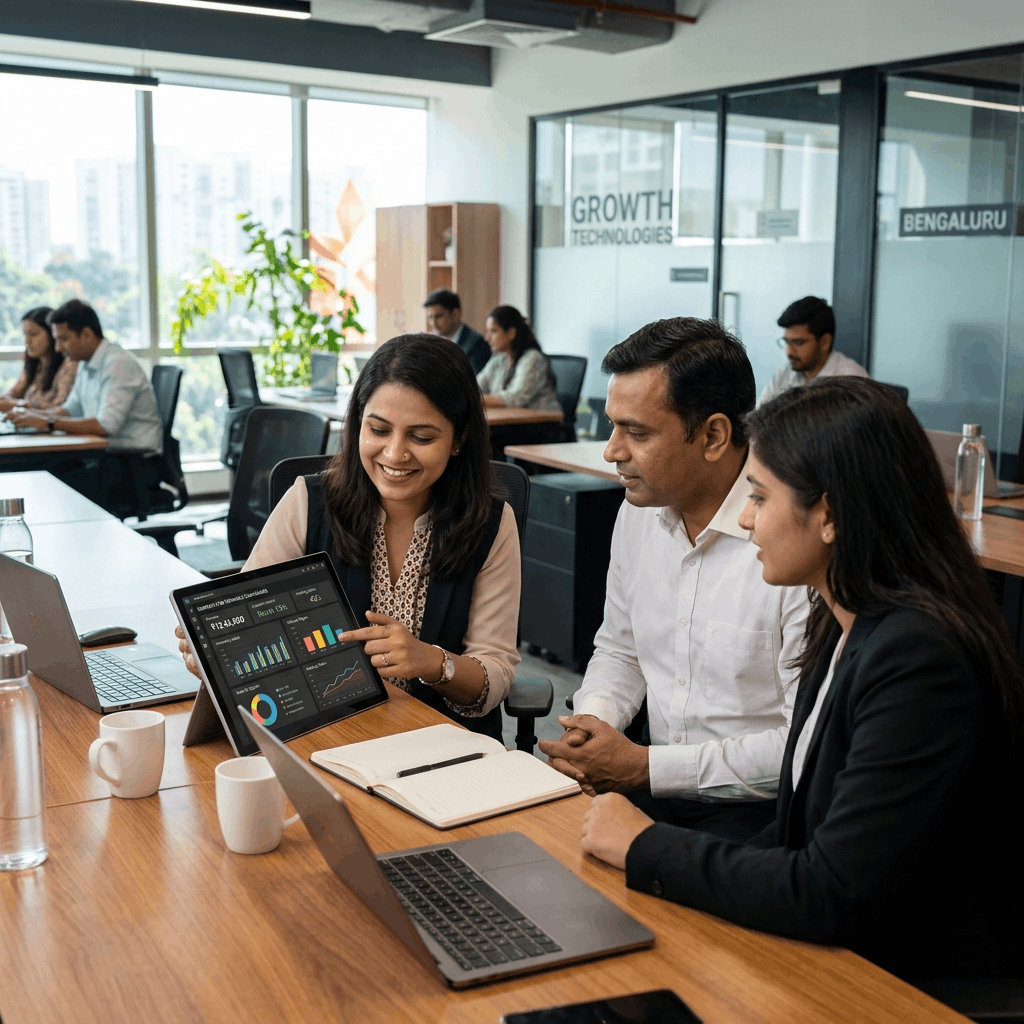 CFO reviewing consolidated multi-company financial reports on a digital dashboard