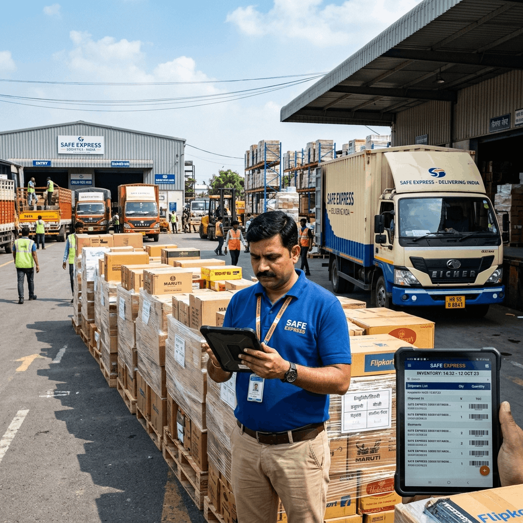 Realistic representation of global supply chain logistics, trucks, and cargo ships operating seamlessly