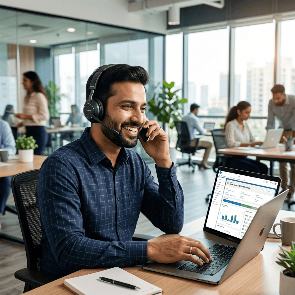 Sales manager reviewing a digital CRM pipeline and revenue forecast dashboard